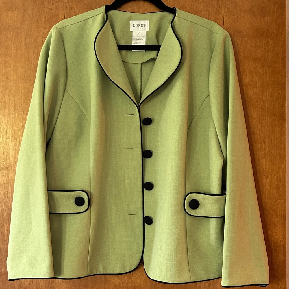 Koret Dress Light Green Blazer Jacket Black Piping Buttons Women Plus Sz 16 NWOT